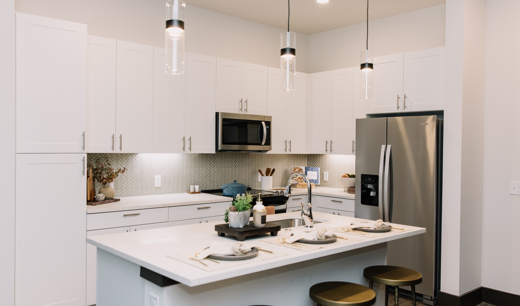 kitchen in the cool scheme at The Harden senior apartments in fort worth